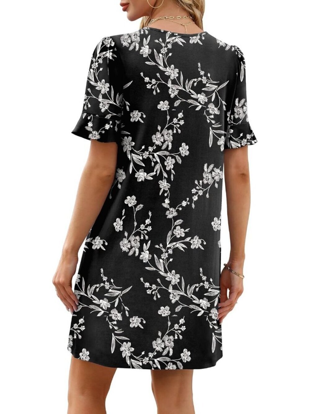 Women's Pattern Black Ruffle Short Sleeve V Neck Casual Shift Mini Dress - Picture 5 of 5